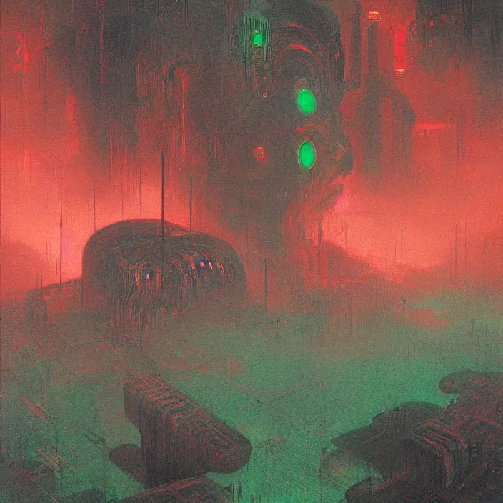 Image similar to blind endless disappointment of crying souls in crack of humanity dissolution, red and green palette, volume light, fog, by ( h. r. giger ) and paul lehr