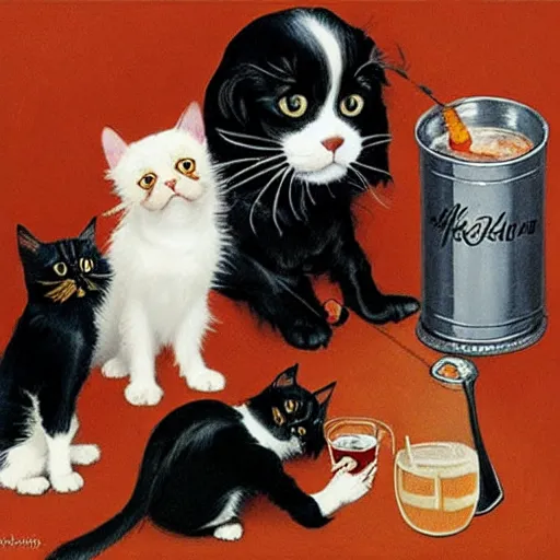 Image similar to one Cavalier King Charles Spaniel and two ragdoll kittens and one black cat drinking beer in the style of norman rockwell