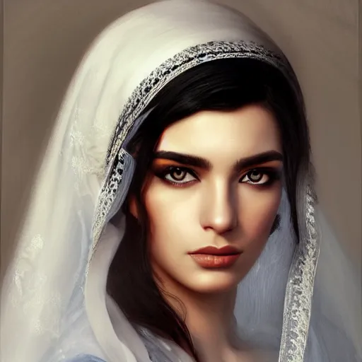 Image similar to ameera al taweel, bright blue eyes, long wavy black hair, white veil, front closeup, cinnamon #b57e59 skin color, highly detailed, centered, oil painting, artstation, concept art by tom bagshaw