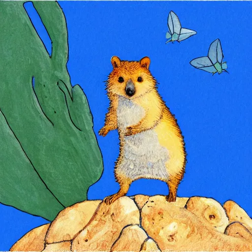 Image similar to detailed illustration, a happy quokka on rotttnest island in the style of may gibbs, layered composition, layers, texture, textured, layered, sculpted, dynamic, 🦋,