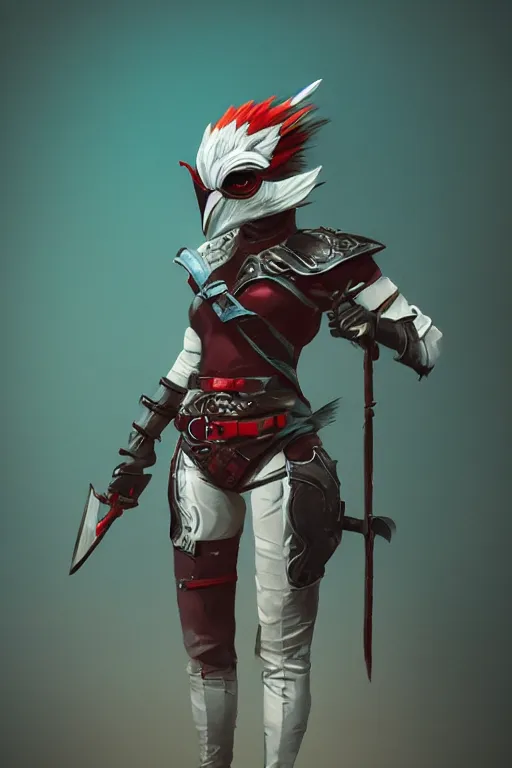 Image similar to female adventurer in tight full - body teal leather armor of japanese design with red accents and a white porcelain crow mask, trending in artstation, japanese, by wlop, establishing shot