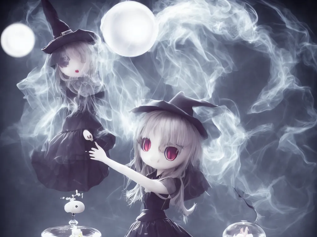 Prompt: cute fumo plush girl gazing into a crystal ball swirling with strange energy, casting a powerful spell, black and white eldritch gothic horror, smoke and volumetric fog, witch girl, soothsayer, lens flare glow, chibi anime, vray