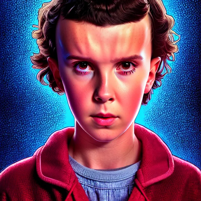 Image similar to Millie Bobbie Brown in Stranger Things as Eleven, diffuse lighting, fantasy, intricate, elegant, highly detailed, lifelike, photorealistic, digital painting, artstation, illustration, concept art, smooth, sharp focus, art by John Collier and Albert Aublet and Krenz Cushart and Artem Demura and Alphonse Mucha