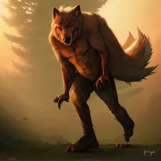 Image similar to realistic, full body portrait, cartoonish big bad wolf, by Jordan Grimmer and greg rutkowski, crisp lines and color,