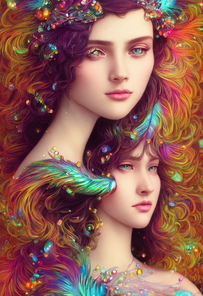 Image similar to beautiful, young woman, detailed gorgeous face, vaporwave aesthetic, synthwave, colorful, psychedelic, water droplets, feathers, crown, artstation, concept art, smooth, extremely sharp detail, finely tuned detail, ultra high definition, 8 k, unreal engine 5, ultra sharp focus, illustration, art by artgerm and greg rutkowski and alphonse mucha