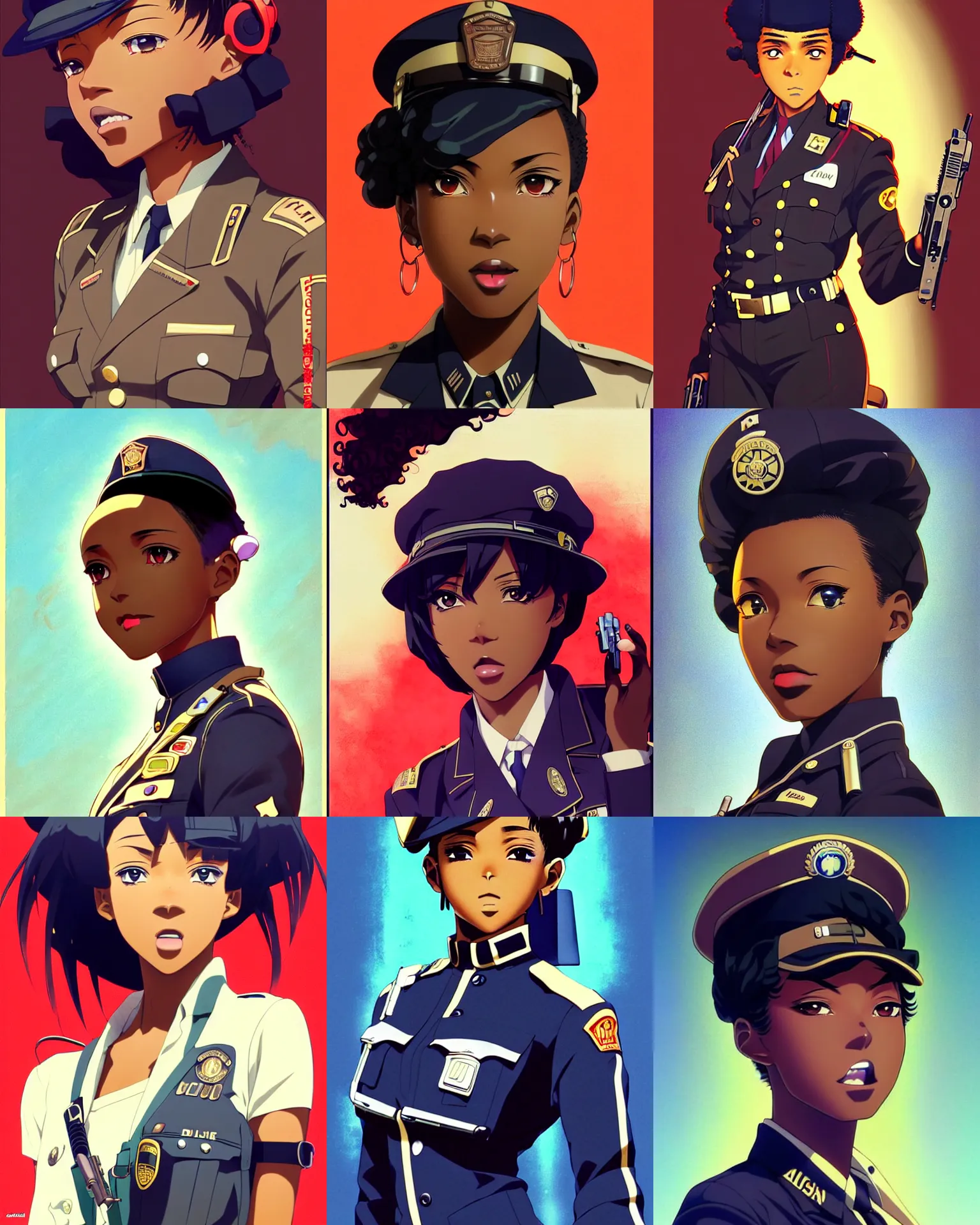 Prompt: A beautiful young anime African-American dieselpunk policewoman || VERY VERY ANIME!!!, fine-face, pretty face, realistic shaded Perfect face, fine details. Anime. realistic shaded lighting poster by Ilya Kuvshinov katsuhiro otomo ghost-in-the-shell, magali villeneuve, artgerm, Jeremy Lipkin and Michael Garmash and Rob Rey