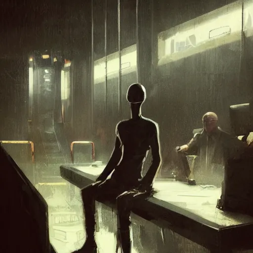 Image similar to concept art by greg rutkowski, a very tall, and slender man with short black hair, sitting with the crew in the ship's dining room, brutalist futuristic interior, dark lighting atmosphere, detailed portraits, nostalgic atmosphere, scifi, digital painting, artstation, concept art, smooth, sharp foccus ilustration, artstation hq