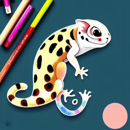 Image similar to A very beautiful sticker art of a leopard gecko cat, fluffy, sharp focus, 4k, friendly, soft colors, watercolor, cute, white background, high quality, smooth lines, trending on ArtStation, anime, Instagram