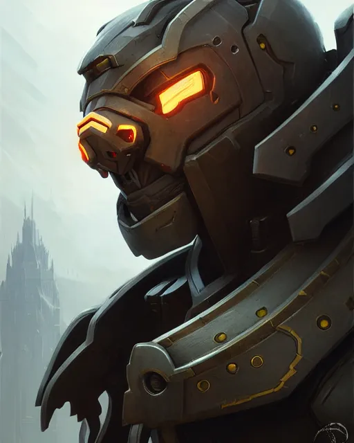 Image similar to winston in his armor from overwatch, character portrait, portrait, close up, concept art, intricate details, highly detailed by greg rutkowski, michael whelan and gustave dore