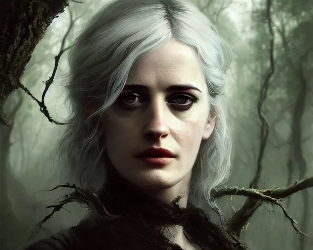 Image similar to 5 5 mm portrait photo of a real life tough looking eva green as ciri with ashen hair and a large scar along her left cheek, in a magical forest. dark atmosphere. art by greg rutkowski. highly detailed 8 k. intricate. lifelike. soft light. nikon d 8 5 0.