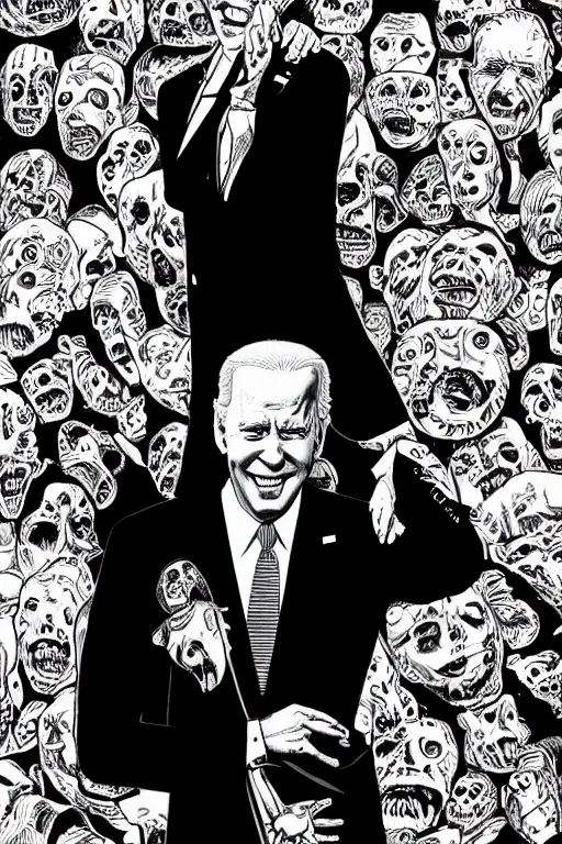 Image similar to Joe Biden full body portrait, body horror, black and white Illustration by Junji Ito