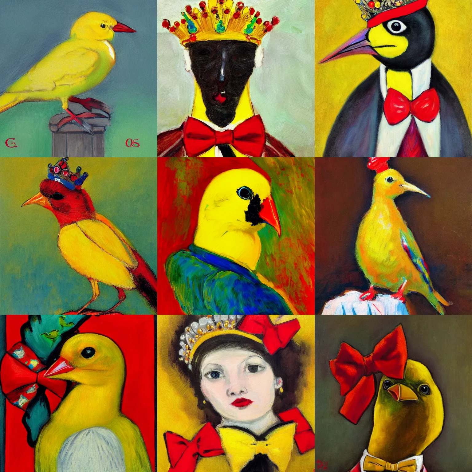 Prompt: an elegant yellow BIRD wearing a CROWN and a red bow tie, painting in the style of George Luks, very very beautiful, high quality, detailed, 4k