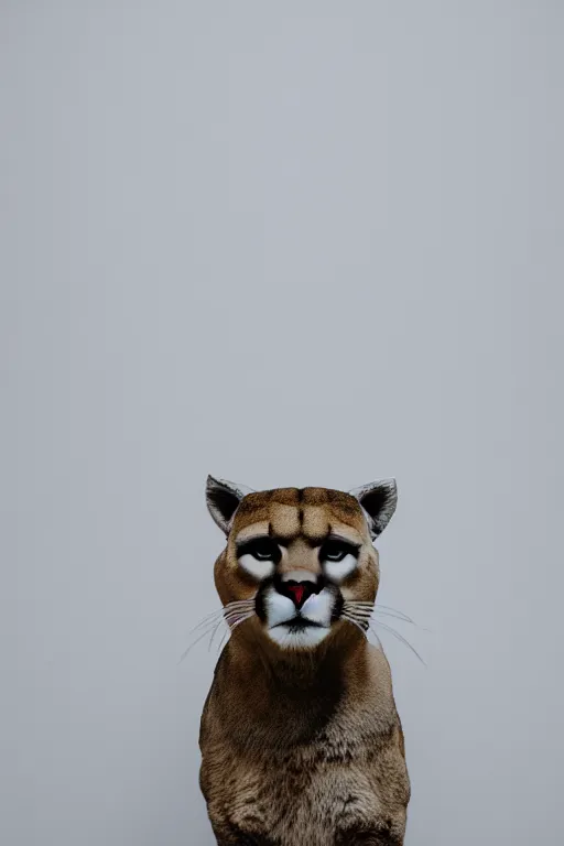 Image similar to furry anthro anthropomorphic portrait of a mountain lion head animal person fursona standing in a plain white room professional studio photo