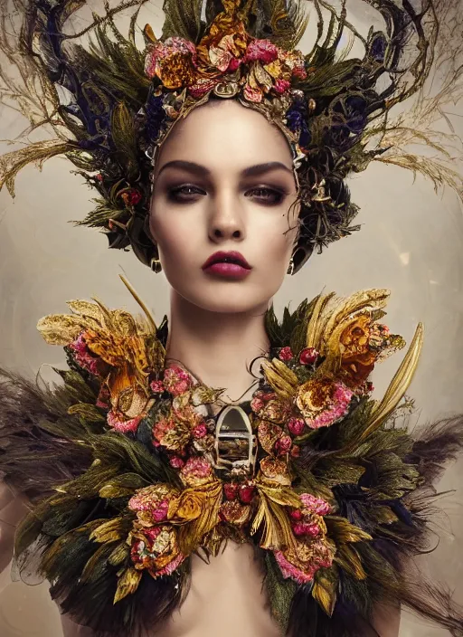 Image similar to full body photo of a female model, ornate headpiece made from flowers, ornaments, glamour shot, by karol bak, by stefan gesell, photorealistic, canon r 3, fashion photography, hyper maximalist, elegant, ornate, luxury, elite, environmental portrait, symmetrical features, octane render, unreal engine, solid dark grey background, dramatic lights