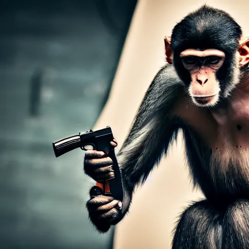 Prompt: a monkey with a revolver in his hands, human man with camera stands behind the monkey, real life photo, 4 k, cyberpunk, highly detailed, sharp focus - h 8 0 0
