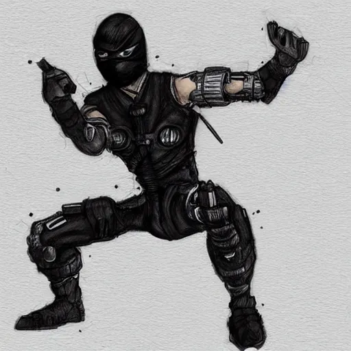 Prompt: rough sketch of a cyborg ninja.