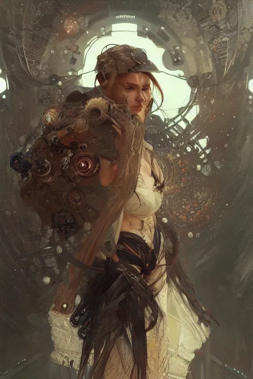 Image similar to A full portrait of a powerful beautiful futuristic dystopian junktown Japanese techromancer sorcerer enchanter, intricate, elegant, highly detailed, digital painting, artstation, concept art, smooth, sharp focus, illustration, art by Krenz Cushart and Artem Demura and alphonse mucha