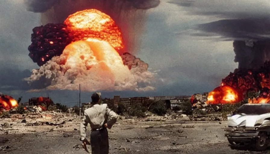 Image similar to big budget action movie about a nuclear explosion destroying a city