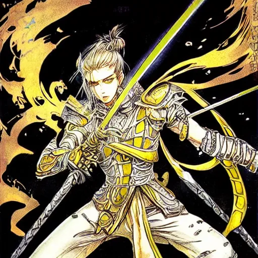 Image similar to a golden handsome magic swordsman with glides through a beautiful battlefield magic the gathering dramatic esoteric pen and ink illustrated in high detail by Yoshitaka Amano