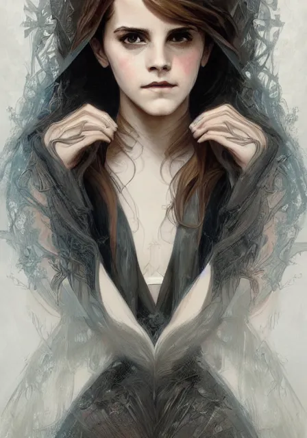 Image similar to emma watson hermione witch magic gothic, intricate, elegant, highly detailed, digital painting, artstation, concept art, smooth, sharp focus, illustration, art by artgerm and greg rutkowski and alphonse mucha and william - adolphe bouguereau