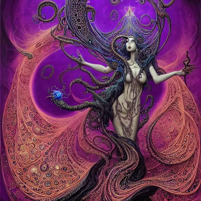 Image similar to depicting a beautiful lovecraftian female priestess, in the style of joe fenton, dynamic energetic pose, exuberant organic elegant forms, by karol bak and filip hodas : : 1. 4 purple, red, blue, green, black intricate mandala explosions : : intuit art : : turbulent energy backdrop : : damask wallpaper : : atmospheric