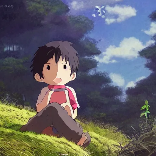 Image similar to friendly guy and small creature , with Fragile looking character portrait face made by Studio Ghibli highly detailed art, beautiful scene, sharp focus, smooth, 8k, anime art, wild, dark, fantasy, peaceful, sunshine, sun