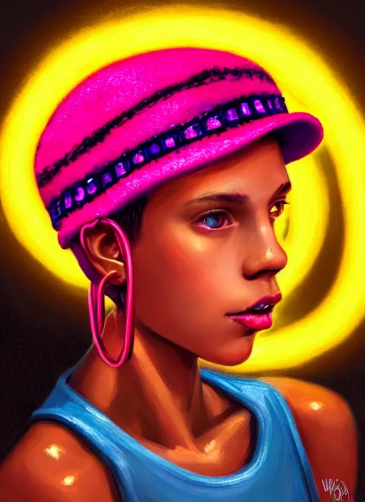 Image similar to portrait of teenage vanessa morgan with bright pink hair, black girl, curly pixie cut hair, wearing newsboy cap, pink short haircut, newsboy cap, hoop earrings, blue eyes, intricate, elegant, glowing lights, highly detailed, digital painting, artstation, concept art, smooth, sharp focus, illustration, art by wlop, mars ravelo and greg rutkowski