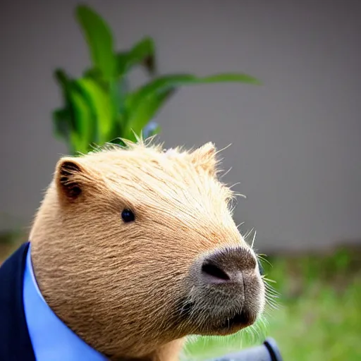 Image similar to capybara head, a man wearing a suit capybara head (smoking cigar)