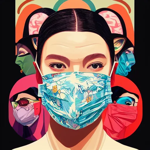 Image similar to Fashion weak portrait of people with sanitary mask, Tristan Eaton, artgerm, Victo Ngai, RHADS, ross draws