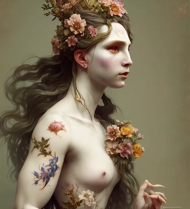 Image similar to baroque portrait of a icelandic princess of porceline skin, full body floral tattoos, cinematic lighting, photorealistic, octane render, 8 k, art by artgerm and greg rutkowski and alphonse mucha and uang guangjian