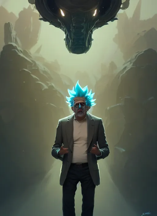 Prompt: rick sanchez by greg rutkowski, symmetry, concept art by artgerm, distance portrait of a hyper realistic, intense, epic, alphonse mucha, octane render, highly detailed, high quality, 8 k, soft lighting, path traced, and uang guangjian and gil elvgren, symmetry!!