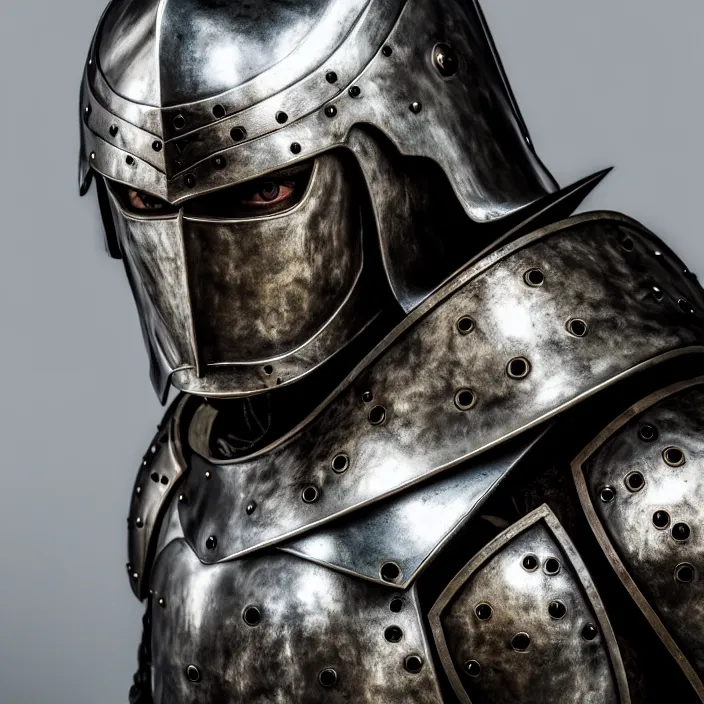 Prompt: portrait photograph of a real-life warrior with metal Bear armour. Extremely detailed. 8k