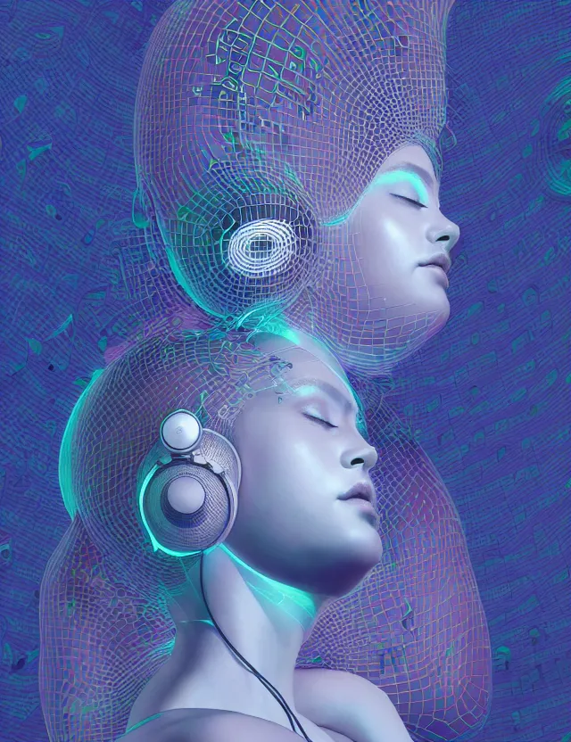 Image similar to 3 d goddess of music and 🔊 wide angle portrait with musical notes, headphones and torus geometry. subwoofer speaker, music, wave frequencies, cymatics. auditory symbiogenesis, synaesthesia, polyphonic communication, sonic projection, artwork by tooth wu and android jones wlop and android jones and beeple and greg rutkowski