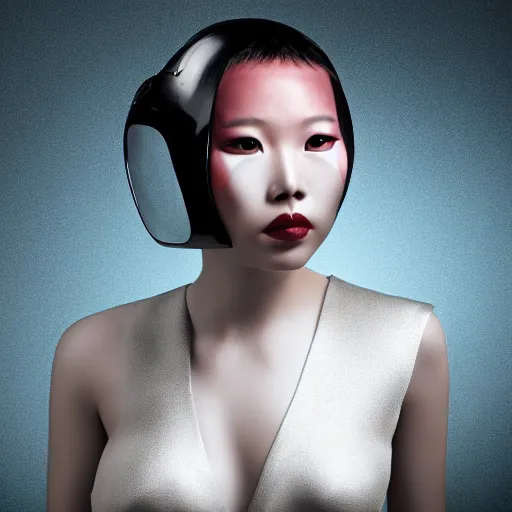 Image similar to 8 k award winner photo of a cyber android beauty from the future, asian background