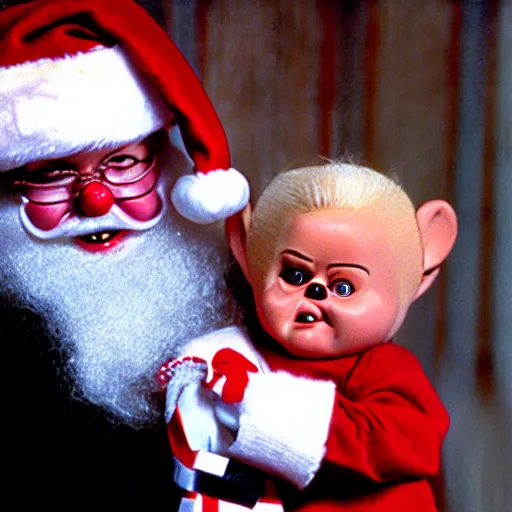 Image similar to santa claus holding chucky the killer doll from the movie child's play