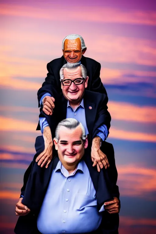 Image similar to elderly man carrying ted cruz piggyback, 8 k, award winning photograph, portrait, detailed faces, sunset in background, highly - detailed