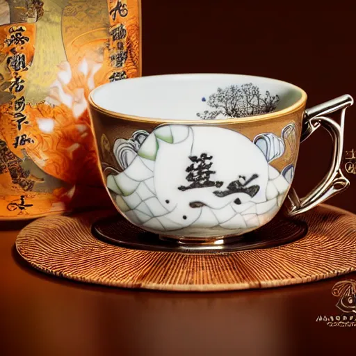 Prompt: astonishing japanese tea cup with amazing artwork of temples and yin and yang on the side, product shoot, studio lighting