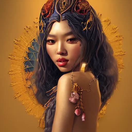 Image similar to Beautiful detailed portrait of an exotic goddess by Nick Silva, Shin JeongHo, Wandah Kurniawan, Symmetrical composition with people centered, realistic proportions, trending on artstation