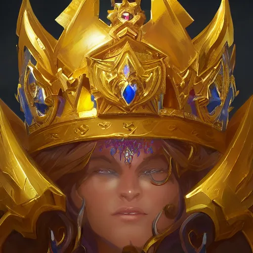 Prompt: a golden majestic crown with gemstone carved into it, floating crown, yellow magic theme, bright art masterpiece artstation. 8 k, sharp high quality artwork in style of jose daniel cabrera pena and greg rutkowski, concept art by tooth wu, blizzard warcraft artwork, hearthstone card game artwork, the crown