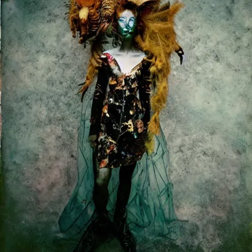 Image similar to damaged kodak portra 4 0 0, wetplate, photo of a surreal artsy dream scene,, very beautiful model, weird fashion, grotesque, extravagant dress, strange pose, carneval, with an animal, wtf, photographed by paolo roversi style