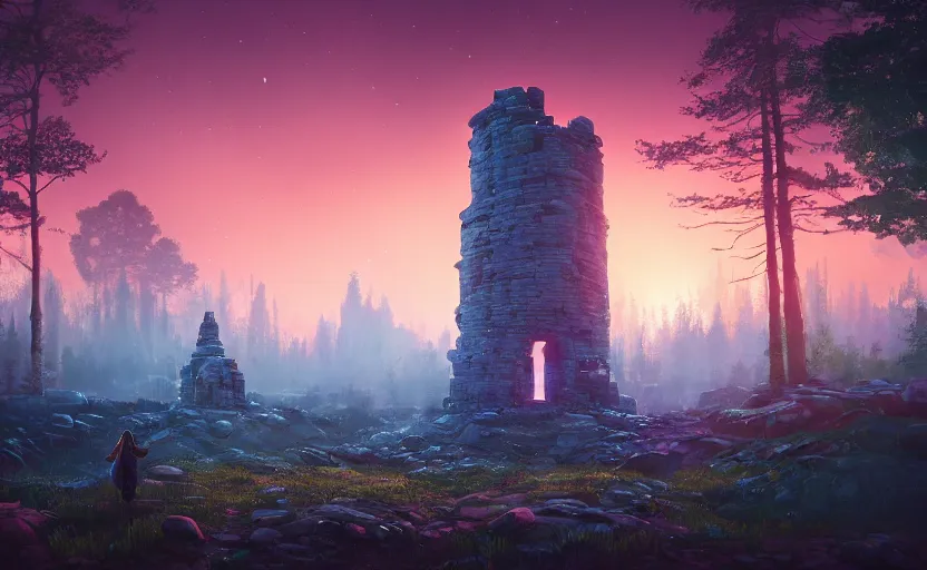 Image similar to A landscape with a giant stone brick tower with pillars on top at sunset, forest, magical portal, cyberpunk, glowing runes, Low level, rendered by Beeple, Makoto Shinkai, syd meade, simon stålenhag, environment concept, synthwave style, digital art, unreal engine, WLOP, trending on artstation, 4K UHD image, octane render,