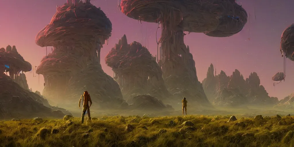 Image similar to an amazing alien landscape, digital art, breathtaking, extremely detailed, digital paintinghyperrealistic, dynamic lighting, particles, unreal engine, simon stålenhag, rendered by Beeple, Makoto Shinkai, syd meade, simon stålenhag, environment concept, trending on artstation, octane render, 4K UHD image