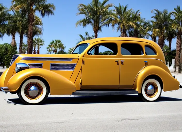 Prompt: 1 9 3 7 pontiac sedan, two tone, tan, palm trees in the background