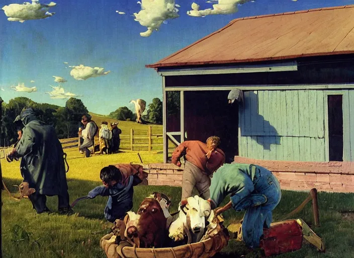 Prompt: a farm life scene by francis bacon, surreal, soft blue sky over the farm, norman rockwell and james jean, greg hildebrandt, and mark brooks, triadic color scheme, by greg rutkowski, in the style of francis bacon and syd mead and edward hopper and norman rockwell and beksinski, dark surrealism, open ceiling