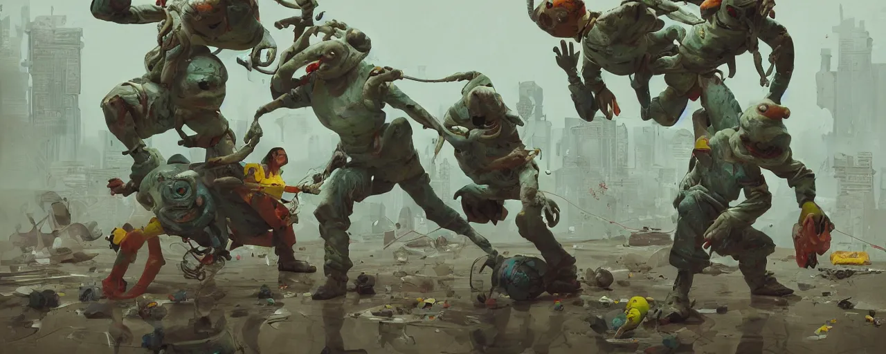 Prompt: duotone olive mutagen illustration 3 / 4 portrait of gollum kung fu fighting with michelin mans chaotic composition accidental renaissance golden ratio. by sachin teng and sergey kolesov and ruan jia and heng z. graffiti art, scifi, fantasy, hyper detailed. octane render. concept art. trending on artstation