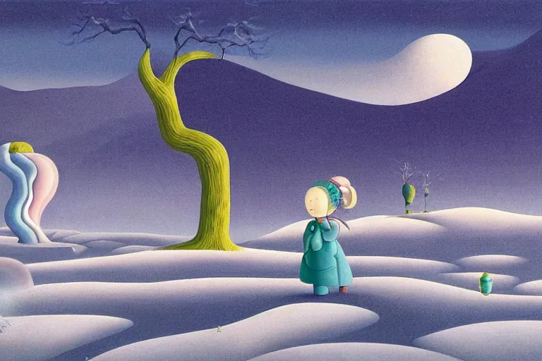 Image similar to A barren winter landscape by Chiho Aoshima and Salvador Dali