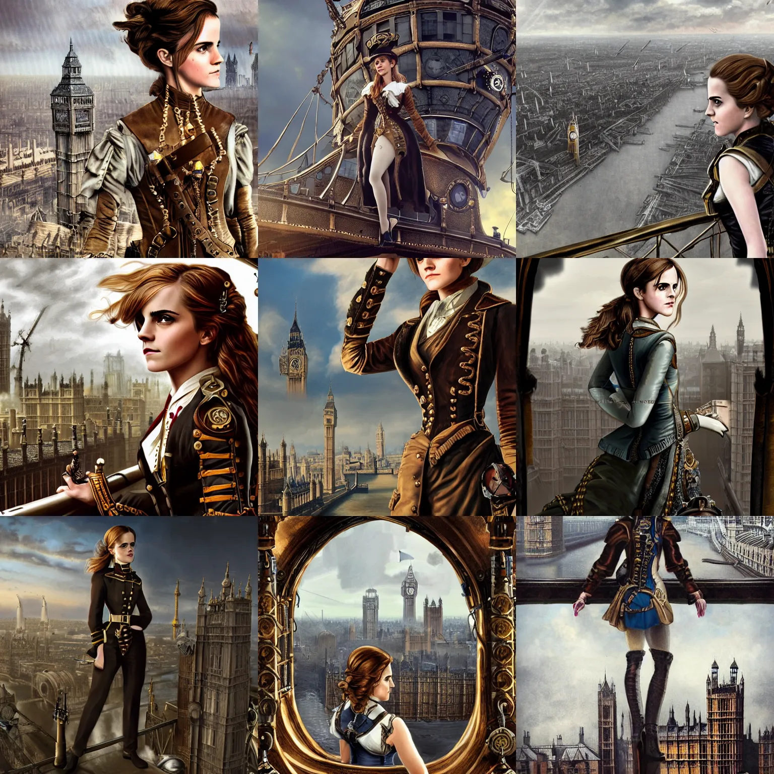 Prompt: Emma Watson as a steampunk airship pilot standing on the bridge of her airship, looking out over Victorian London, houses of parliament, 1850, digital steampunk art, trending on ArtStation