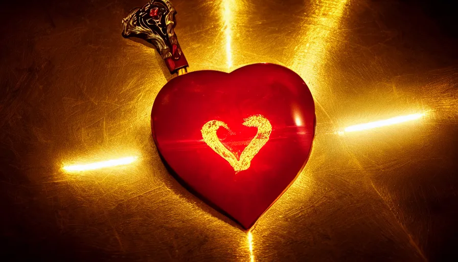 Image similar to a red heart with a sword bursting through it and the word ERES written on a gold plate on the heart, cinematic lighting, art station, establishing shot