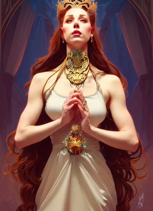 Prompt: rolyatistaylor as queen, incredibly detailed face, pretty face, light dress, true anatomy, art by artgerm and greg rutkowski and alphonse mucha