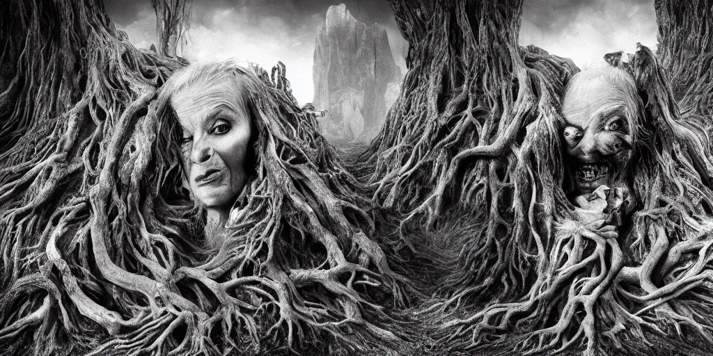 Image similar to photography of old ugly witch with rotten face monster living in a root cave, edelweiss growing from her head, forest, dolomites, alpine, detailed intricate insanely detailed octane render, 8k artistic 1920s photography, photorealistic, black and white, chiaroscuro, hd, by David Cronenberg, Raphael, Caravaggio